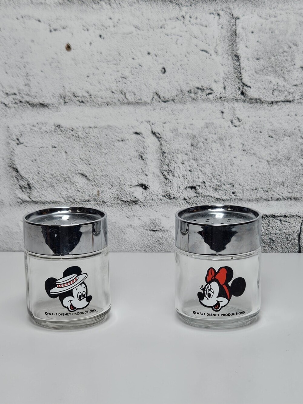 Vintage Walt Disney Mickey Minnie Glass Salt & Pepper Shaker Set